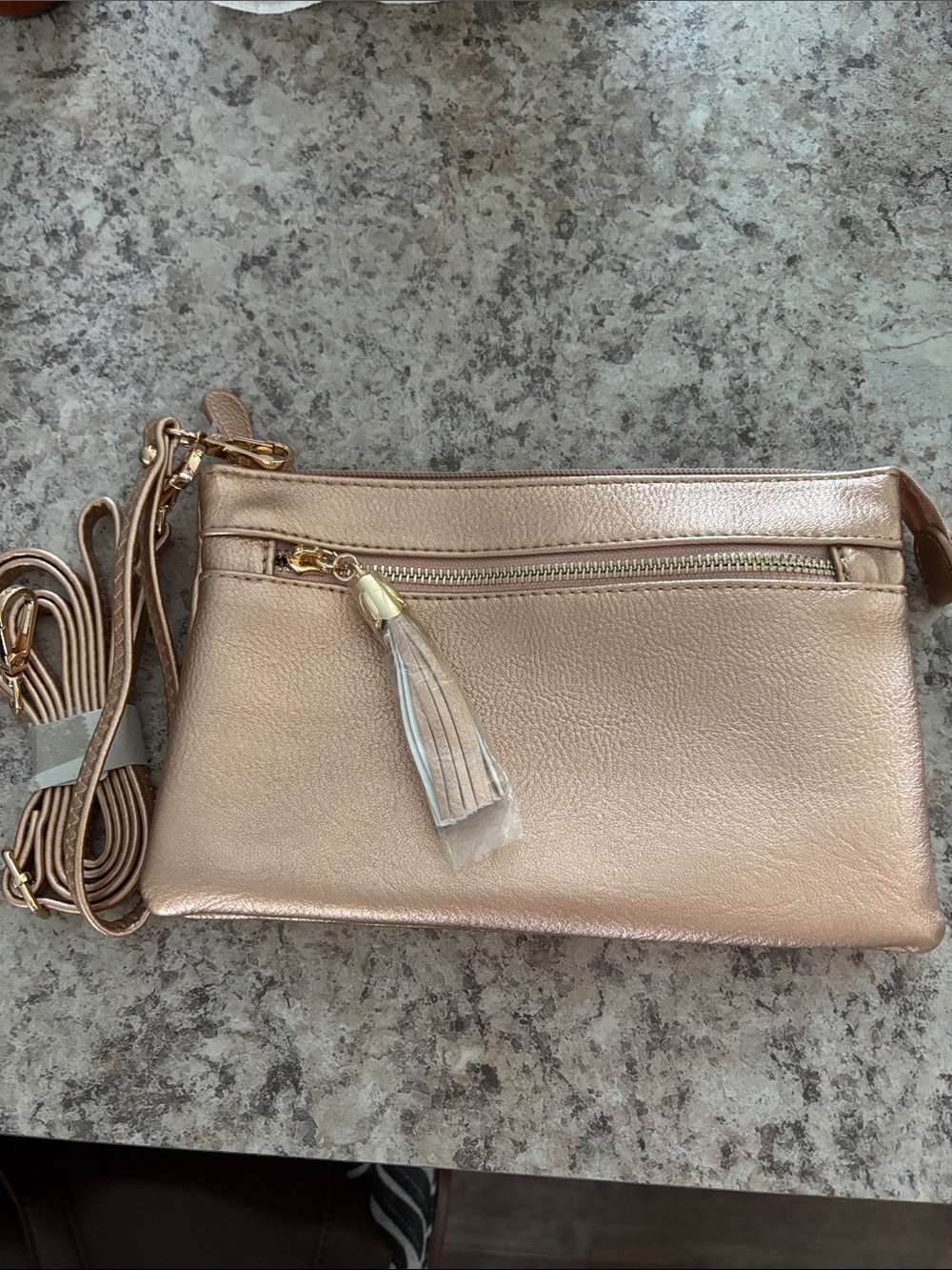 Womens Metallic Rose Gold Crossbody Bag with Tassel